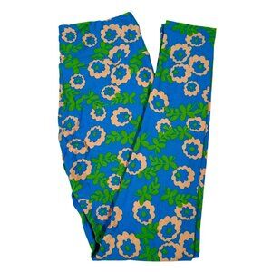 LuLaRoe Floral Daisy Petals Leaves Powder Blue Peach Green Leggings One Size OS